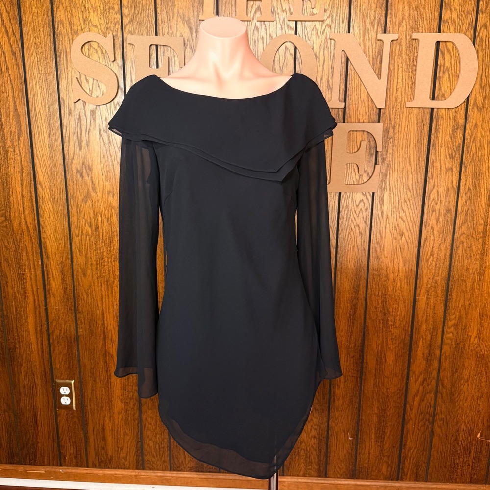 Black Romantic Adrianna Papell Cocktail Dress Women 8 Sheer Bell Sleeve 90s Goth